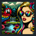 Retro Vrouw en Parrot in het Park Pop Art Poster<br><div class="desc">Retro pop art comic style art mooie vrouw in zonnebril in een bloementuin met waterval met een  kleurrijke papegaai door haar. Ze is omgeven door natuur,  een vijver en bloemen.</div>