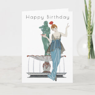 Retro Vrouw Fontein Art Deco Verjaardagskaart Kaart