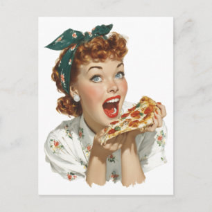 Retro vrouw geniet van pizzapunt briefkaart