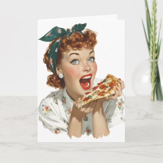 Retro vrouw geniet van pizzapunt kaart (Voorkant)