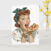 Retro vrouw geniet van pizzapunt kaart (Gele Bloem)