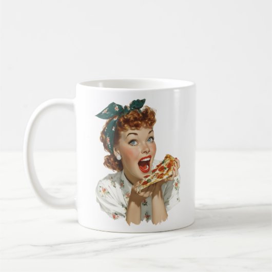 Retro vrouw geniet van pizzapunt koffiemok (Links)