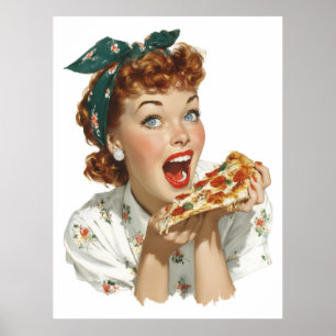 Retro vrouw geniet van pizzapunt poster