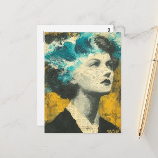 Retro Vrouw Hersengolven Gemengde media Collage Briefkaart (Voorkant / Achterkant in situ)