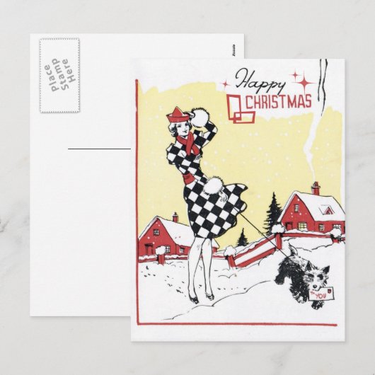  retro vrouw hond Kerst briefkaart (Voorkant / Achterkant)