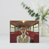 Retro vrouw in de trein briefkaart (Staand voorkant)