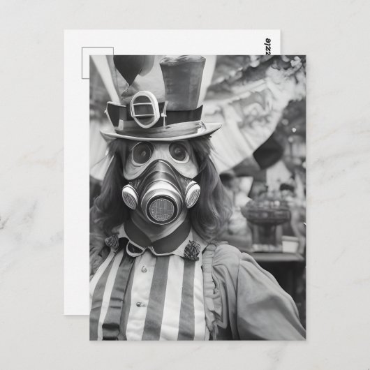Retro Vrouw in een Gasmasker op een Carnaval Briefkaart (Voorkant / Achterkant)