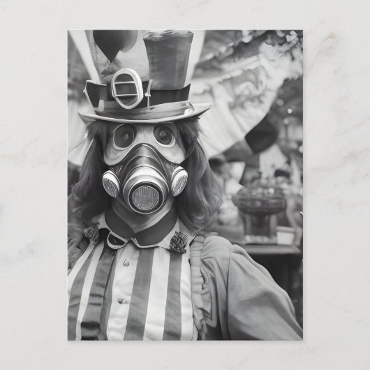 Retro Vrouw in een Gasmasker op een Carnaval Briefkaart (Voorkant)