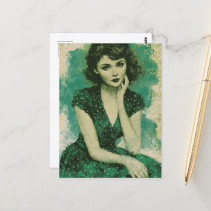 Retro vrouw in een groene en witte stippenjurk briefkaart