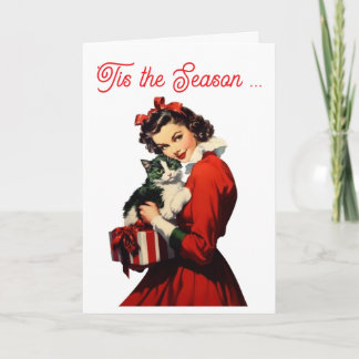 Retro vrouw in het rood & warme kattenknuffels feestdagen kaart
