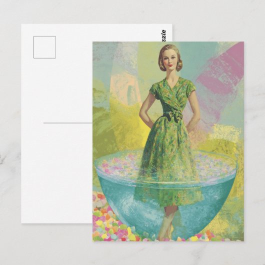 Retro vrouw in klein glas surrealistisch briefkaart (Voorkant / Achterkant)