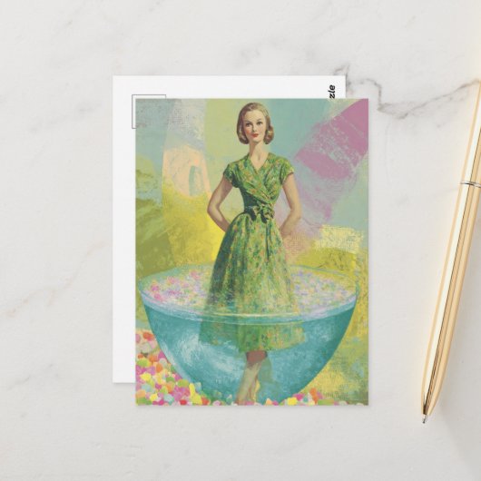 Retro vrouw in klein glas surrealistisch briefkaart (Voorkant / Achterkant in situ)