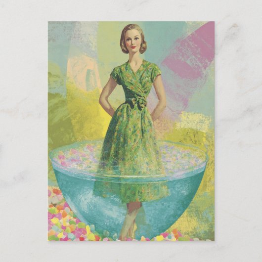 Retro vrouw in klein glas surrealistisch briefkaart (Voorkant)