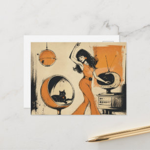Retro vrouw in oranje danst met zwarte kat briefkaart