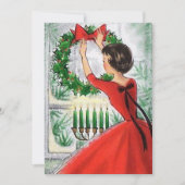 Retro vrouw in rode krans Kerstmis Feestdagenkaart (Voorkant)