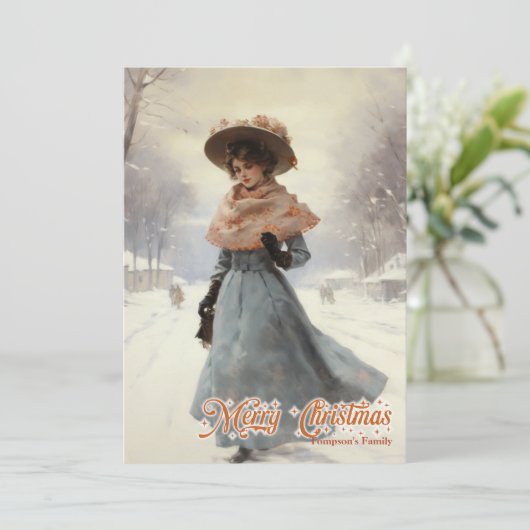 Retro   vrouw in sneeuw Kerststad Feestdagenkaart (Staand voorkant)