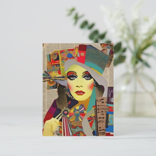 Retro Vrouw Kleurrijke Gemengde Media Collage Abst Briefkaart (Staand voorkant)