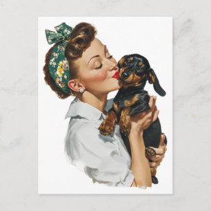 Retro vrouw kust schattige dachshund briefkaart