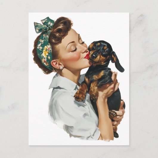 Retro vrouw kust schattige dachshund briefkaart (Voorkant)