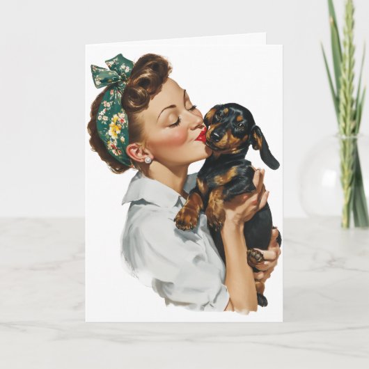 Retro vrouw kust schattige dachshund kaart (Voorkant)