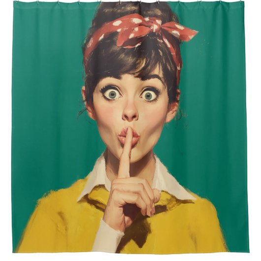 Retro Vrouw Maakt een Ssst Douchegordijn (Voorkant)