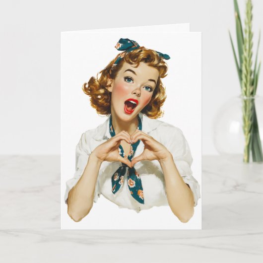 Retro vrouw maakt hartgebaar kaart (Voorkant)