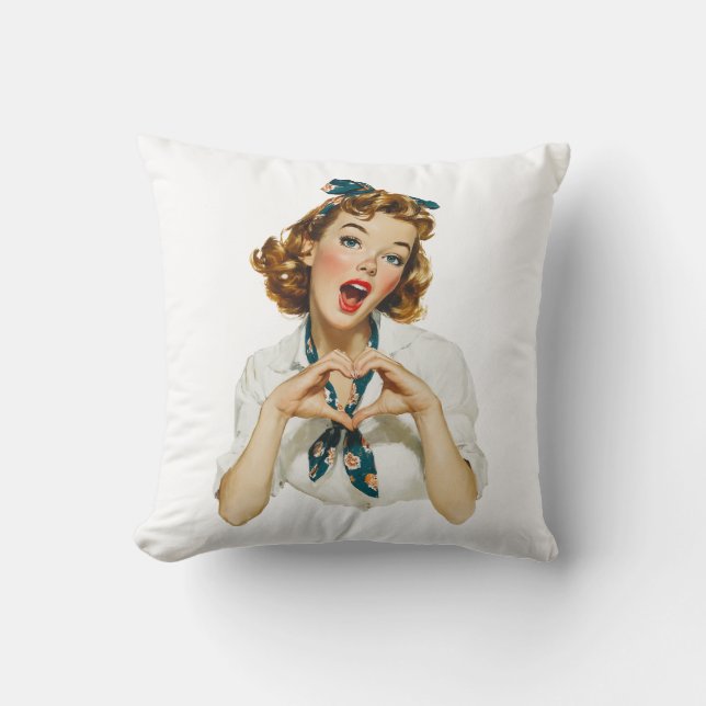 Retro vrouw maakt hartgebaar kussen (Voorkant)