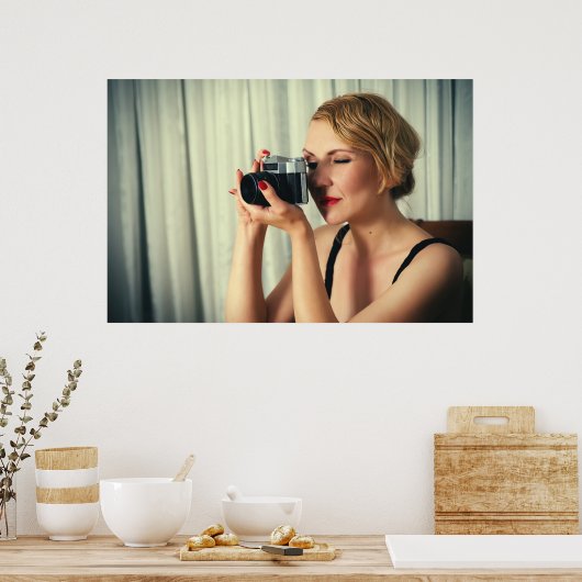 Retro vrouw met camera poster (Keuken)
