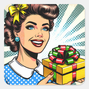 Retro Vrouw met een verjaardag of kerstcadeau Vierkante Sticker