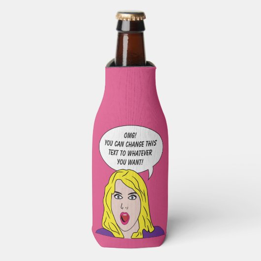 RETRO VROUW met JOUW TEKST fleskoeler Flesjeskoeler (Fles Voorkant)