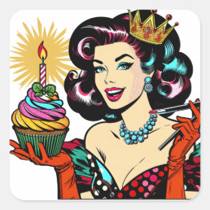 Retro Vrouw met Verjaardag Cupcake Vierkante Sticker