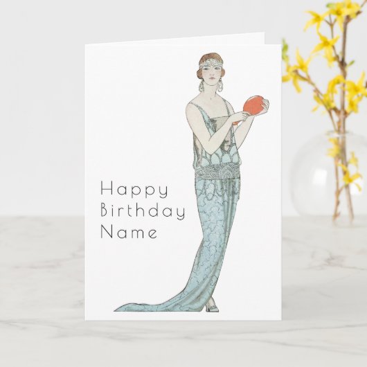 Retro vrouw met waaier Art Deco verjaardagskaart Kaart (Gele Bloem)