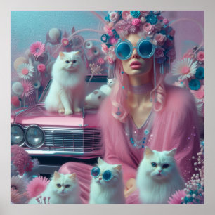 Retro  vrouw met witte katten poster
