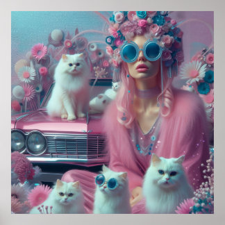 Retro  vrouw met witte katten poster