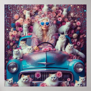 Retro  vrouw met witte katten poster