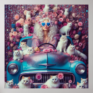 Retro  vrouw met witte katten poster