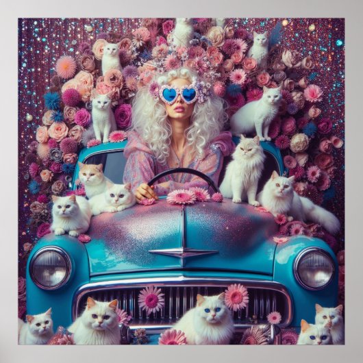 Retro  vrouw met witte katten poster (Voorkant)