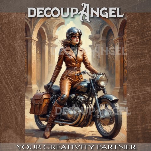 Retro vrouw op een motor in  stijl tissuepapier