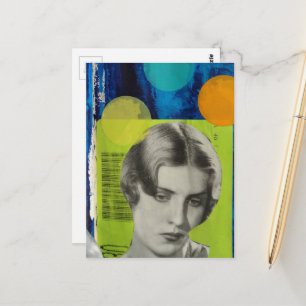 Retro vrouw op groene en blauwe mixed media collag briefkaart