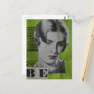 Retro vrouw op groene mixed media collage briefkaart