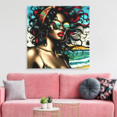 Retro vrouw op het strand Comic Style Pop Art Canvas Afdruk (Insitu (Woonkamer))