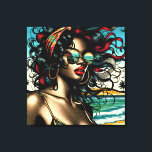 Retro vrouw op het strand Comic Style Pop Art Canvas Afdruk<br><div class="desc">Mooie retro Afro-Amerikaanse vrouw in bikini zittend op het strand met zonnebril in vintage kleuren in een pop art comic stijl.</div>