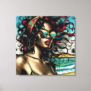 Retro vrouw op het strand Comic Style Pop Art Canvas Afdruk