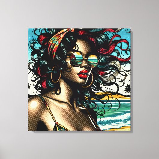Retro vrouw op het strand Comic Style Pop Art Canvas Afdruk (Voorkant)