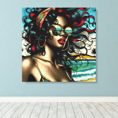 Retro vrouw op het strand Comic Style Pop Art Canvas Afdruk (Insitu (Houten vloer))