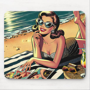 Retro vrouw op het strand die een modeblad leest muismat