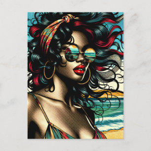Retro vrouw op het strand in Comic Style Pop Art Briefkaart