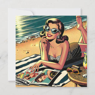 Retro vrouw op het strand leest een modeblad kaart
