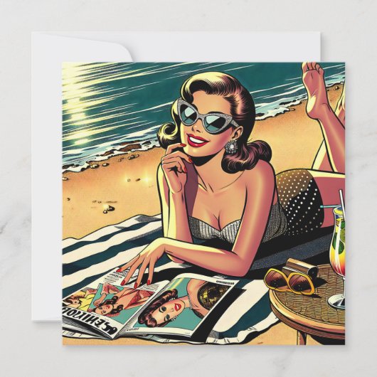 Retro vrouw op het strand leest een modeblad kaart (Voorkant)