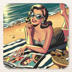 Retro vrouw op het strand leest een modeblad kartonnen onderzetters